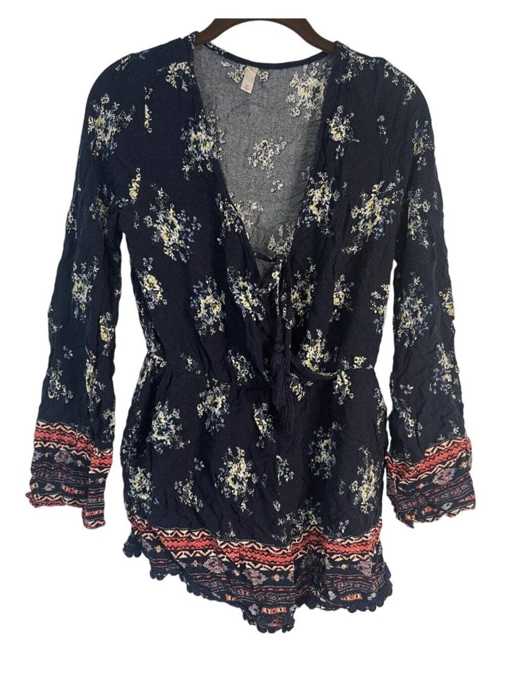 xhilaration romper long sleeve v-neck  floral lace tie in front fringe READ